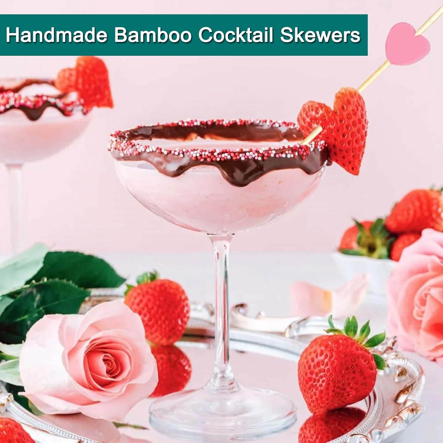 Cocktail sticks - Satay sticks - Tapas sticks - Hearts - Party supplies - Snacks - Baby shower - Baby shower - Gender reveal - Birthday - Decoration - Snacks - Treat - Buffet - Wood - Bamboo - 12 cm - Pink - 100 pieces