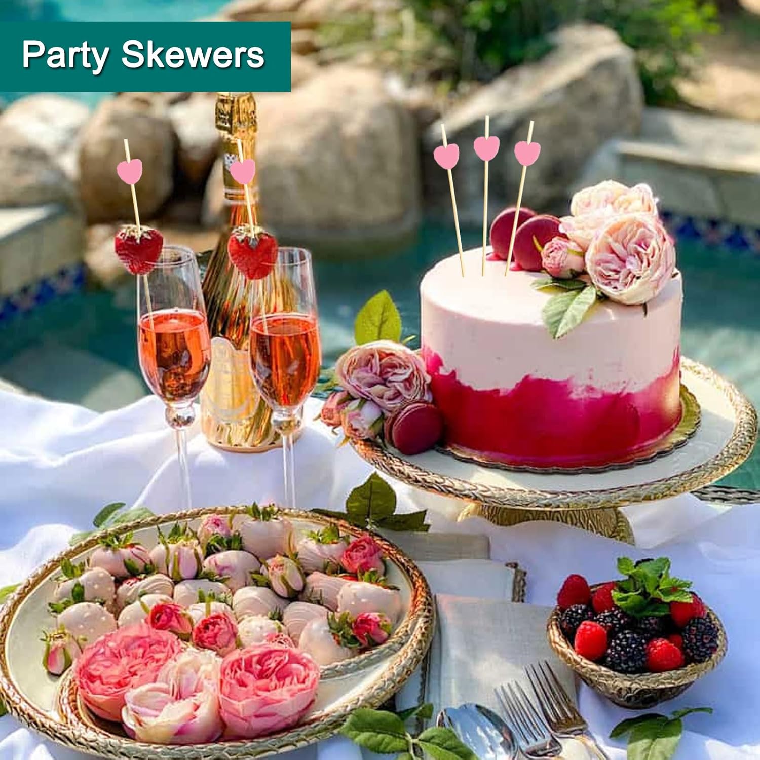 Cocktail sticks - Satay sticks - Tapas sticks - Hearts - Party supplies - Snacks - Baby shower - Baby shower - Gender reveal - Birthday - Decoration - Snacks - Treat - Buffet - Wood - Bamboo - 12 cm - Pink - 100 pieces