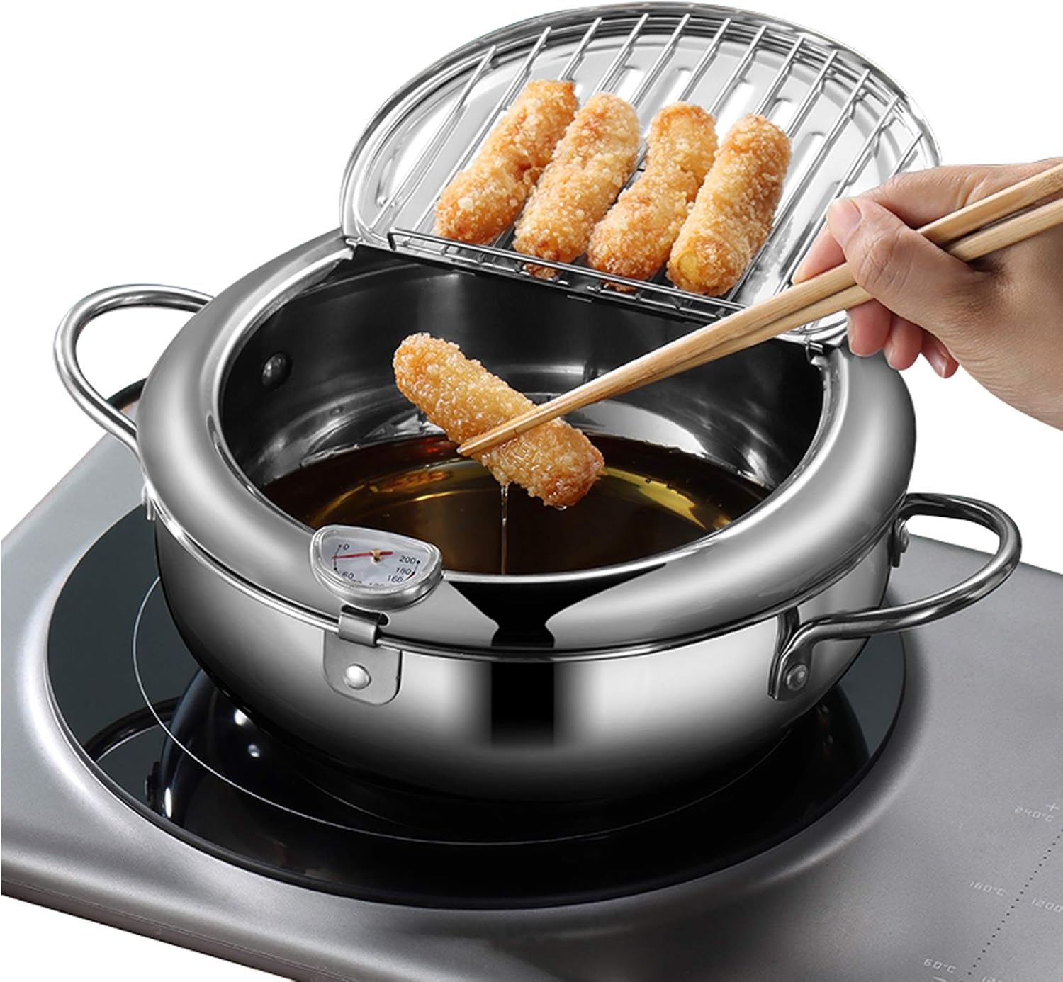 Deep fryer - Tempura pan - 24 cm - Stainless steel pan - Kitchen accessories - Japanese deep fryer - Induction deep fryer - Deep fryer - Cooking pot - Stainless steel pan - Large deep fryer - Kitchen utensils - Household - Silver - 1 piece