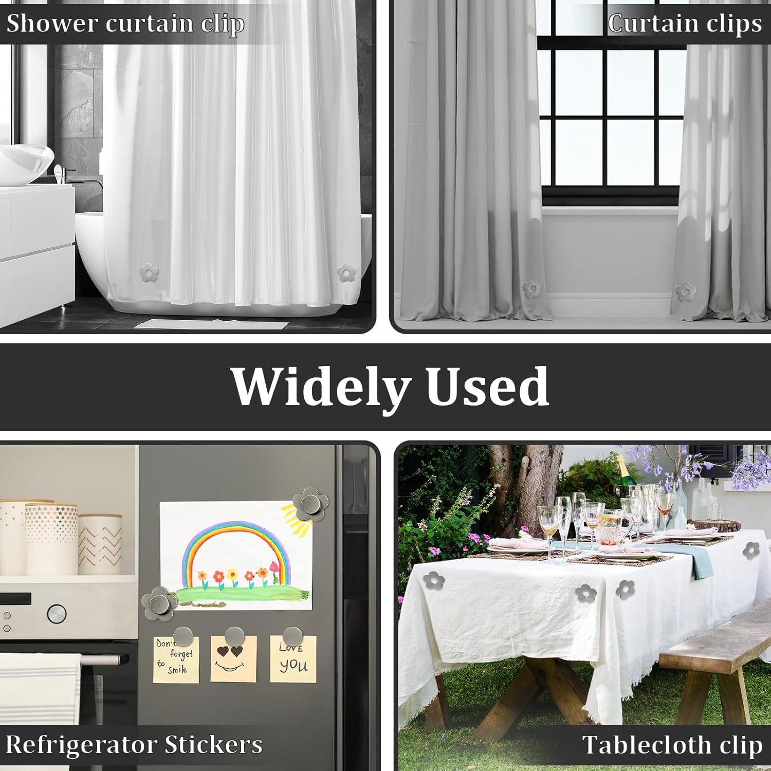 Tablecloth clips - Tablecloth weights - Magnetic clips - Tablecloth holder - Garden accessories - Picnic accessories - Windstopper tablecloth - Table accessories - Outdoor dining - Magnetic weight - Clover design - Silver - 8 pieces