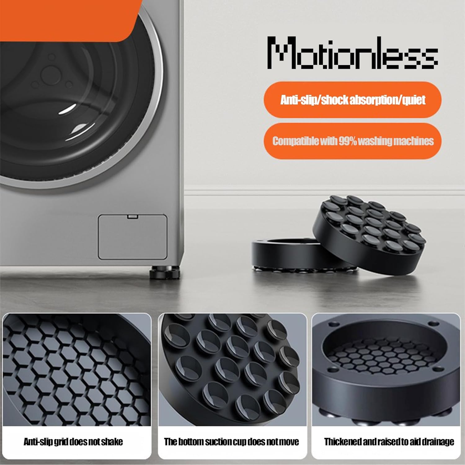 Washing machine vibration dampers - Washing machine feet - Anti-vibration pads - Appliance accessories - Sound dampener - Washing machine riser - Anti-slip mat - Dryer accessories - Vibration damper - Floor protection - Washing machine damper - Black - 4