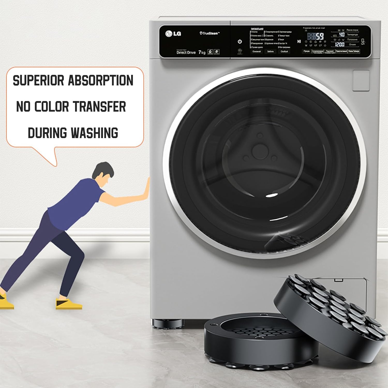 Washing machine vibration dampers - Washing machine feet - Anti-vibration pads - Appliance accessories - Sound dampener - Washing machine riser - Anti-slip mat - Dryer accessories - Vibration damper - Floor protection - Washing machine damper - Black - Pa