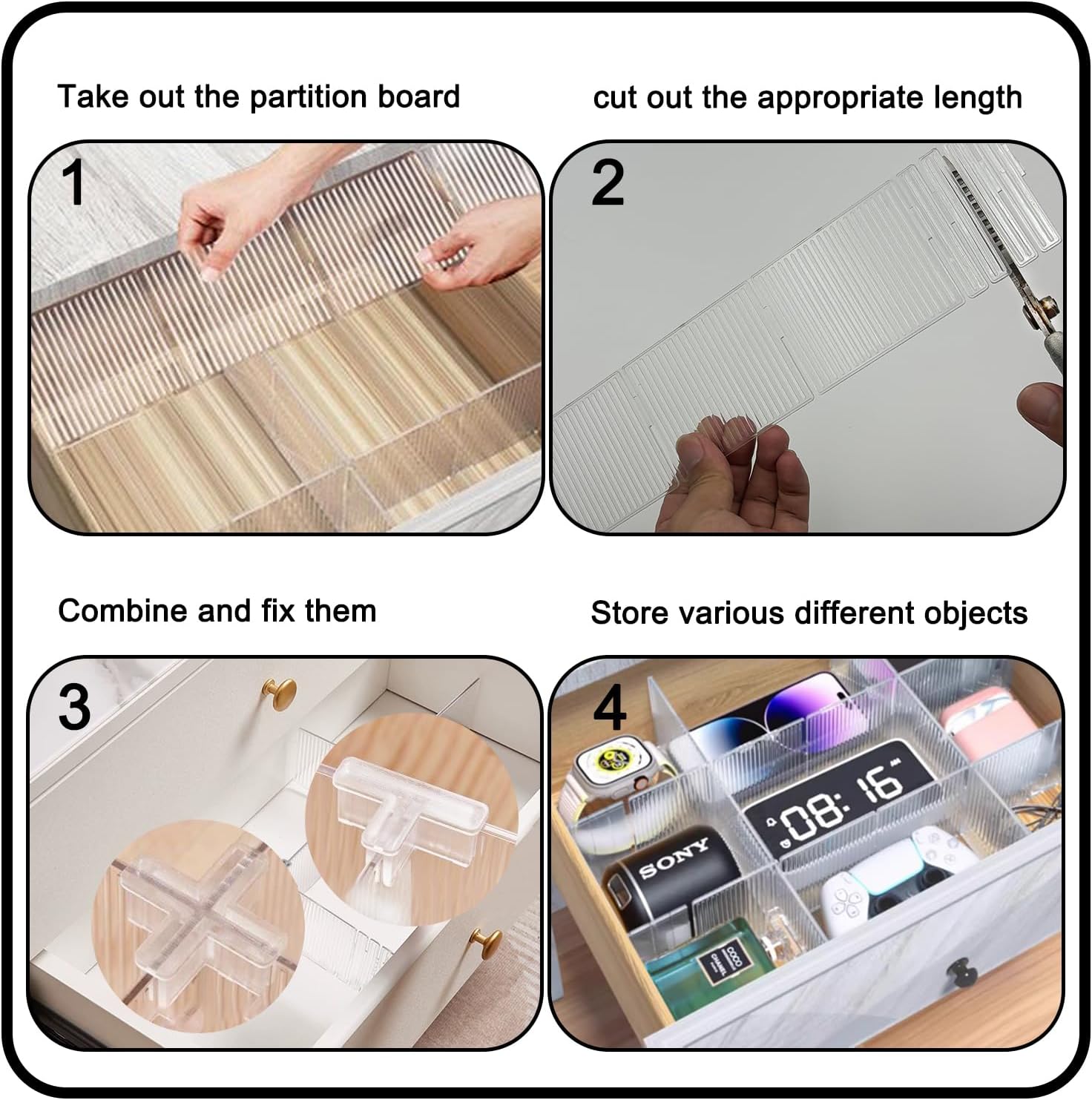 Drawer dividers with clips - Drawer organizer - Storage system - Adjustable drawer divider - Desk organizer - Kitchen drawer organizer - Make-up organizer - Drawer division - Sock organizer - Underwear organizer - Storage box drawer - 2mm - Transparent -