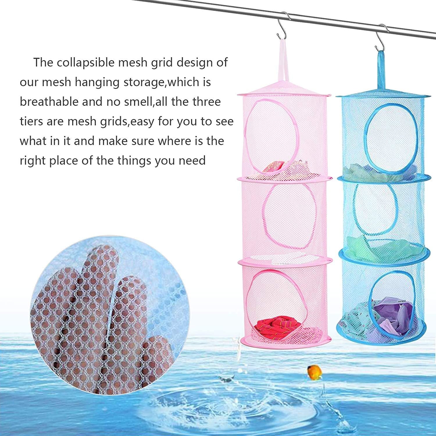 2 Pcs Hanging Mesh Stuffed Animal Storage Hammock Net, Foldable Toy Storage Organizer 3 Compartments Net for Stuffed Animals Corner for Boys, Girls, Gloves, Hats, Socks Pink-green