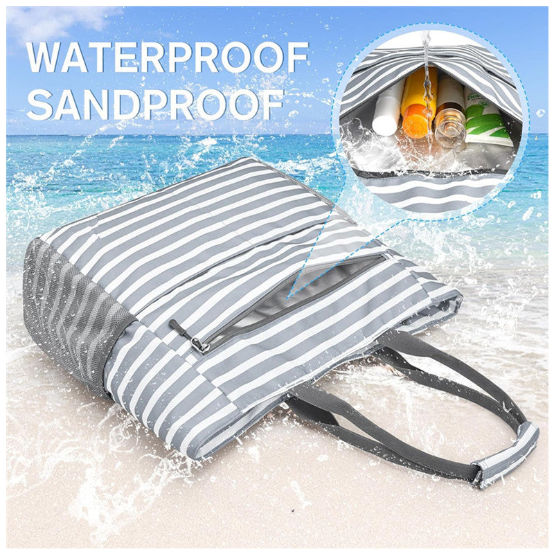 Gray Striped Beach Bag - Spacious Lightweight Tote for Travel, Pool & Vacation
English Description: