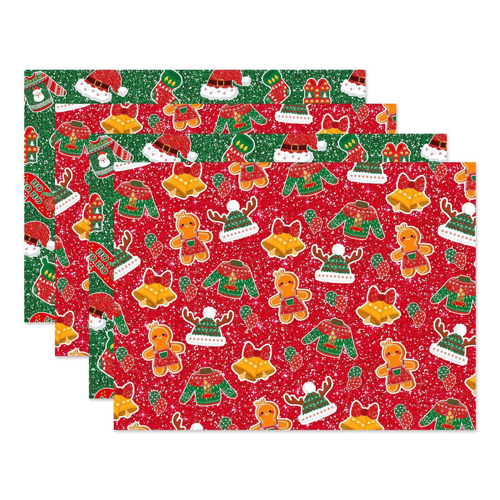 Gift Wrapping Paper Style WZ025 - Red & Green Reindeer & Gingerbread Man Design (12-Sheet Set)