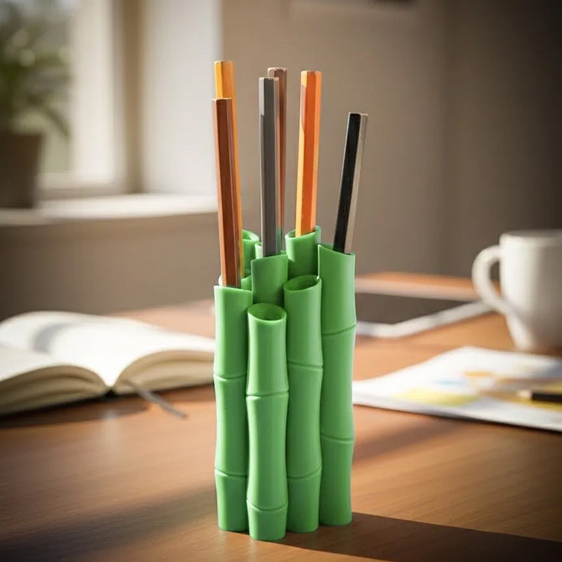 A 3D-printed bamboo pen holder can hold pens, pencils, markers, or drawing tools, adding a tranquil and natural atmosphere while keeping the work area tidy.
