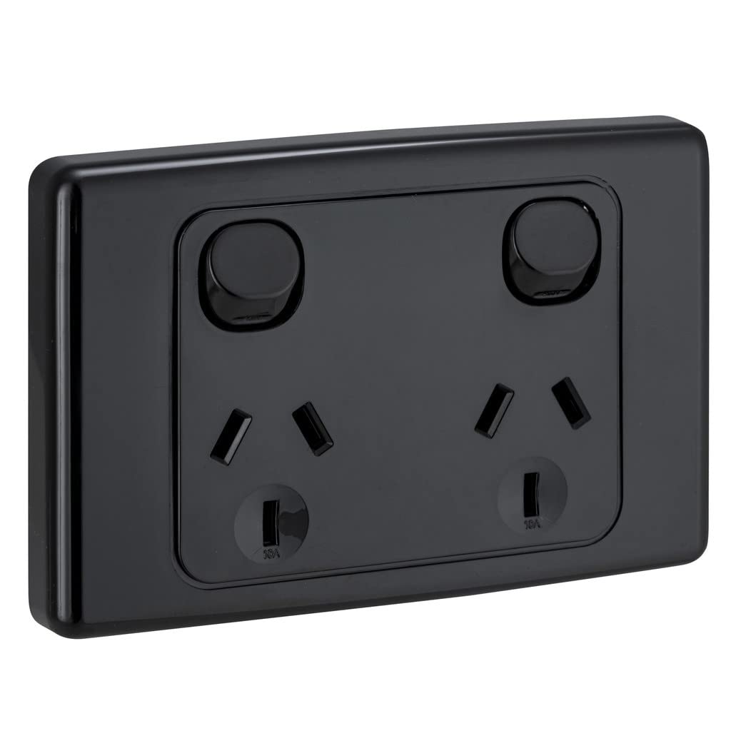 2000 Series 10A 250V Horizontal Twin Switch Socket Outlet, Black
