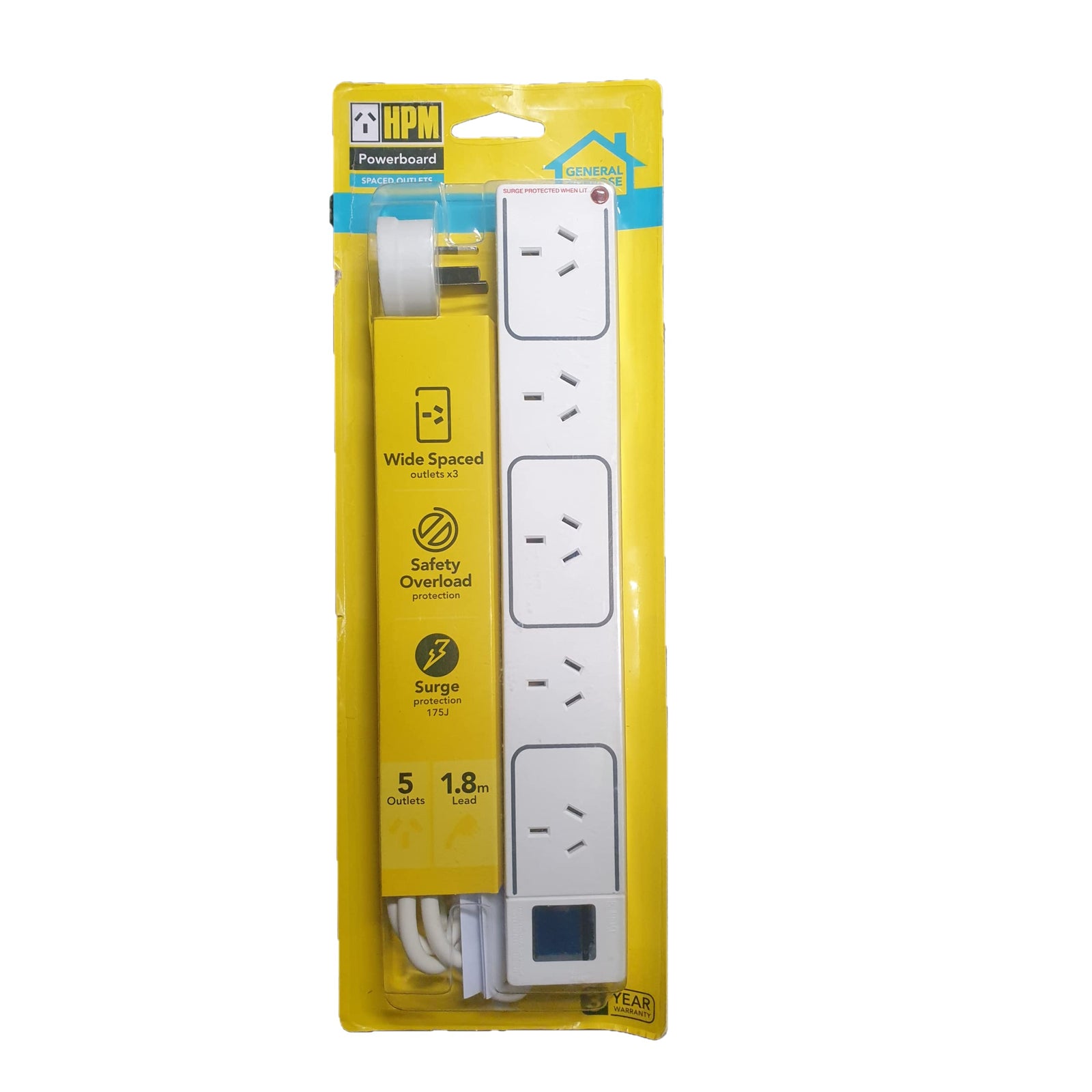 HPM 5 Outlet Surge Protected Powerboard