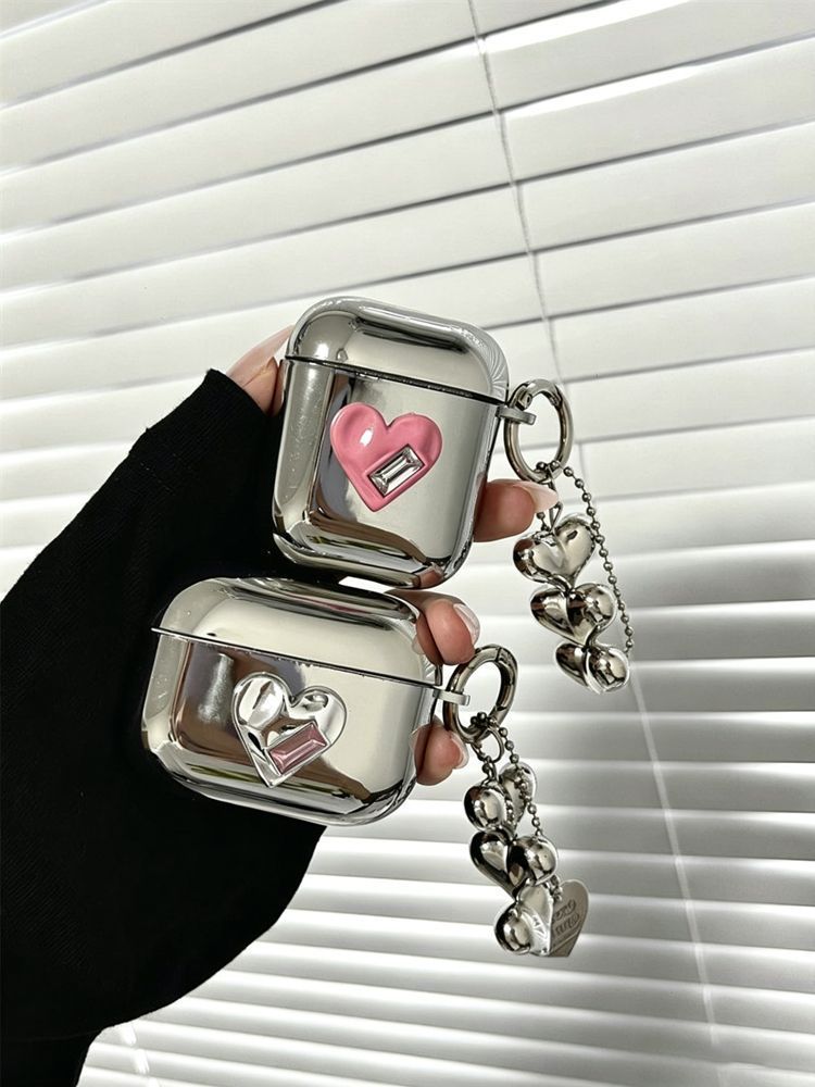 AirPods Pro 2 Textured Silver Heart Electroplated Case + 3 Heart Charms