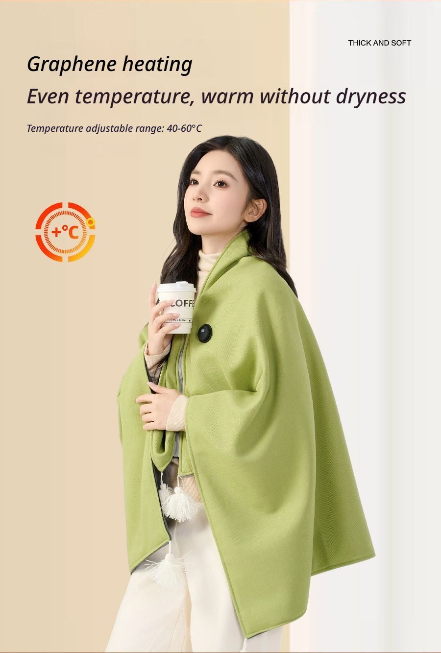 USB Washable Heated Shawl-No Power Bank Included-Green