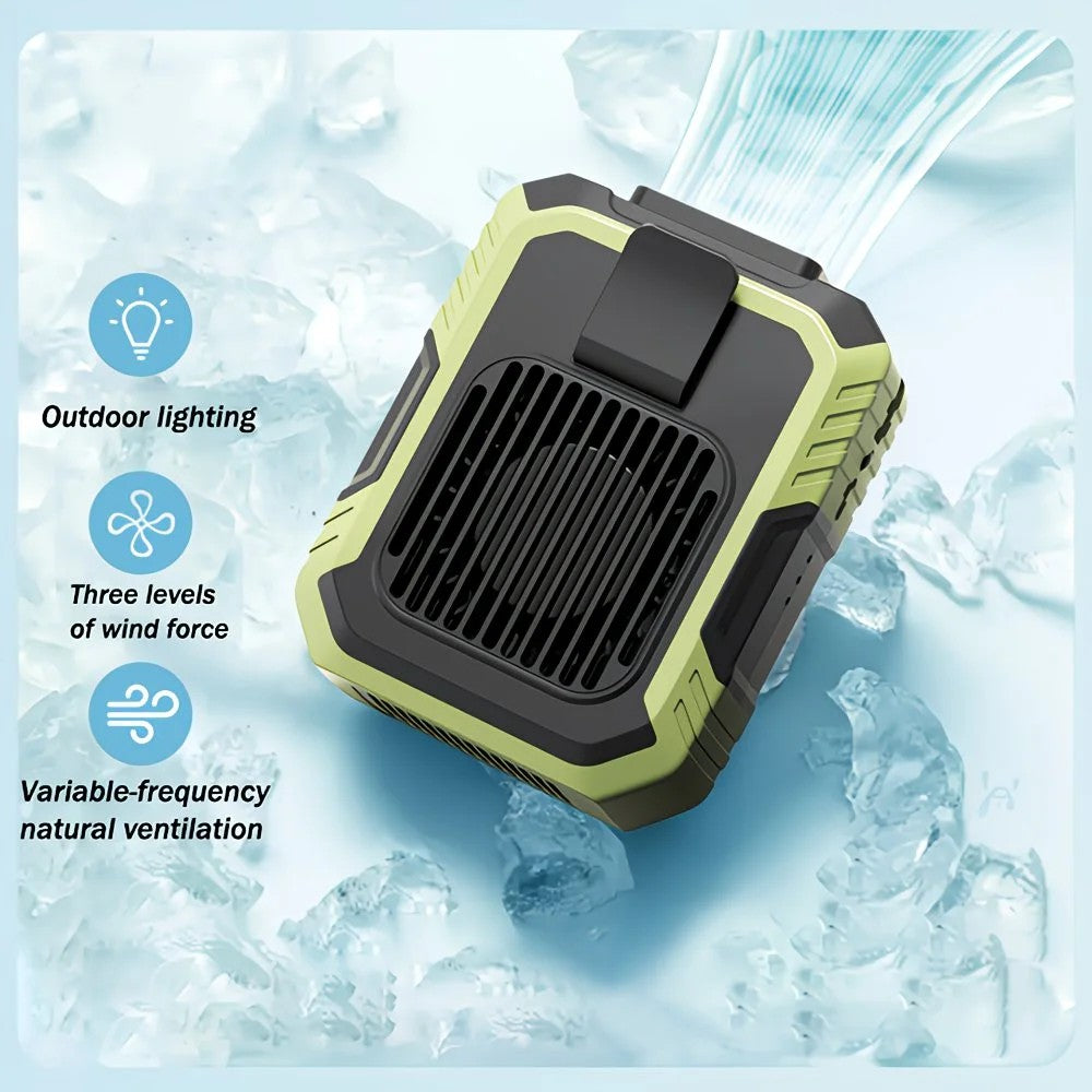 Wall-mounted USB rechargeable dual-purpose fan, integrating rapid cooling, dehumidification, and lighting functions. Features three-speed wind adjustment, can be worn on the waist via a hanging strap,Orange