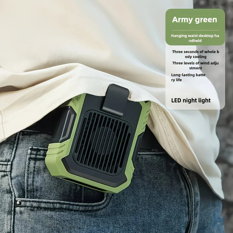 Wall-mounted USB rechargeable dual-purpose fan, integrating rapid cooling, dehumidification, and lighting functions. Features three-speed wind adjustment, can be worn on the waist via a hanging strap,Orange