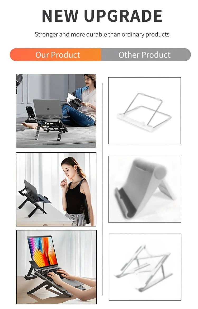 Adjustable laptop stand, designed for 17.3-inch laptops, a portable stand that allows for height adjustment on the desk, and comes with a dedicated phone holder.