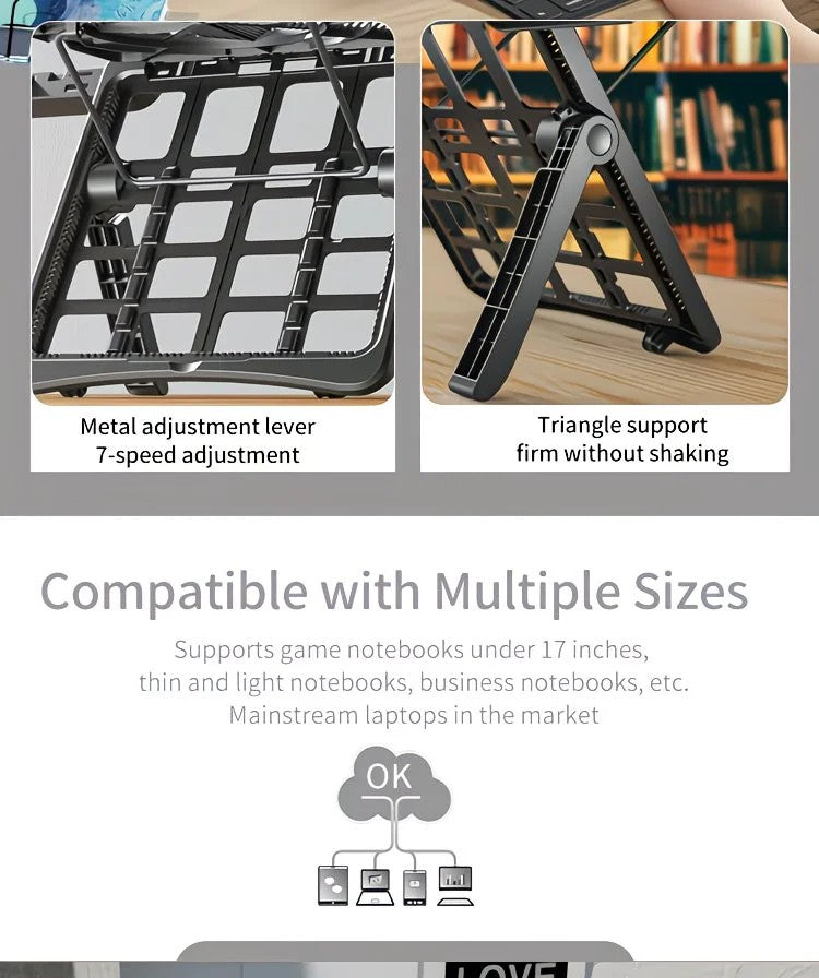 Adjustable laptop stand, designed for 17.3-inch laptops, a portable stand that allows for height adjustment on the desk, and comes with a dedicated phone holder.