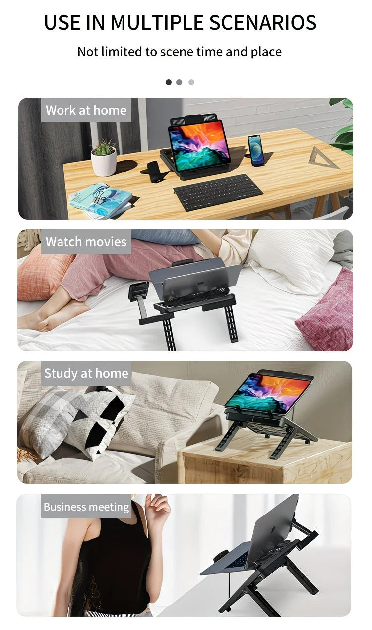 Adjustable laptop stand, designed for 17.3-inch laptops, a portable stand that allows for height adjustment on the desk, and comes with a dedicated phone holder.