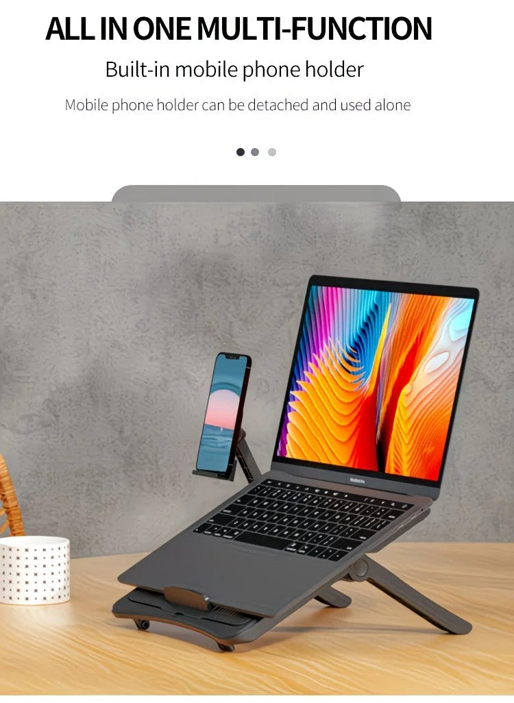 Adjustable laptop stand, designed for 17.3-inch laptops, a portable stand that allows for height adjustment on the desk, and comes with a dedicated phone holder.