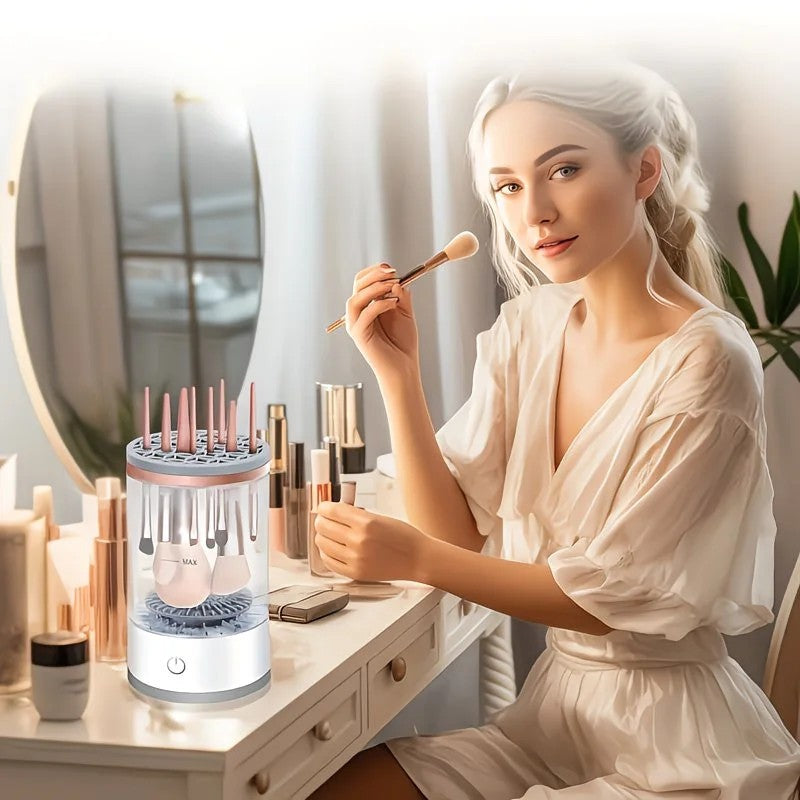 Makeup brush cleaning and drying machine, equipped with a rapid drying system and compact design, suitable for home use and travel. It is an ideal gift for women and for beauty tool care.