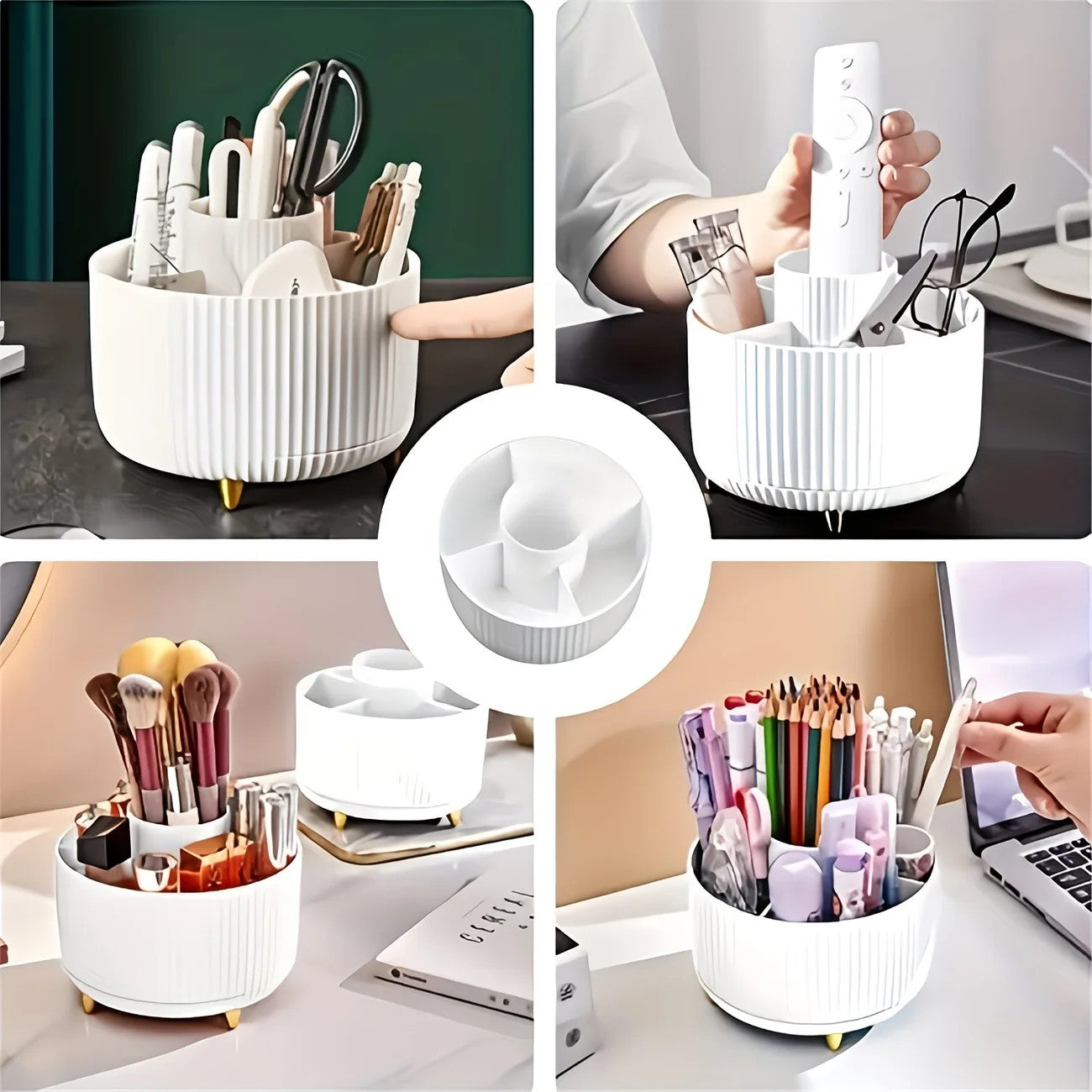 360-Degree Rotating Cosmetic Organizer – 1 Plastic Makeup Storage Box with 5 Compartments – Multi-Purpose Holder for Brushes, Lipsticks, Skincare Products, and Stationery – Durable Odor-Free Desktop Storage Container with Luxurious Stripe Design.WHITE