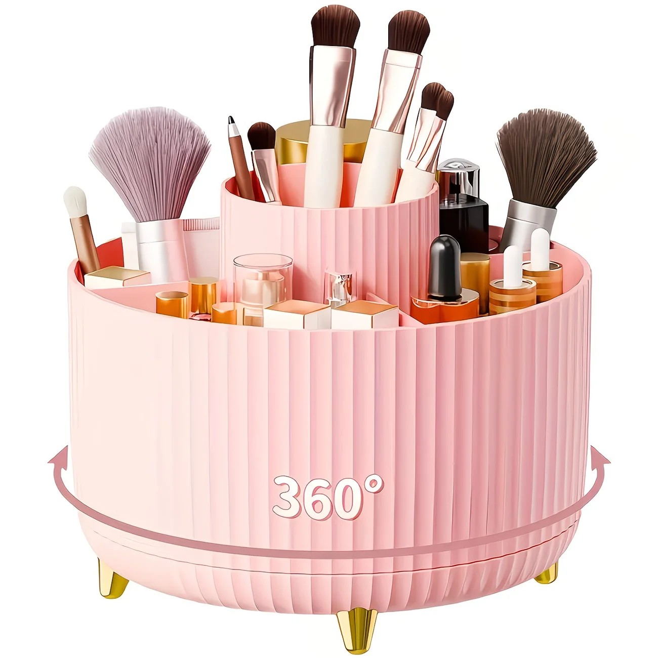 360-Degree Rotating Cosmetic Organizer – 1 Plastic Makeup Storage Box with 5 Compartments – Multi-Purpose Holder for Brushes, Lipsticks, Skincare Products, and Stationery – Durable Odor-Free Desktop Storage Container with Luxurious Stripe Design.WHITE