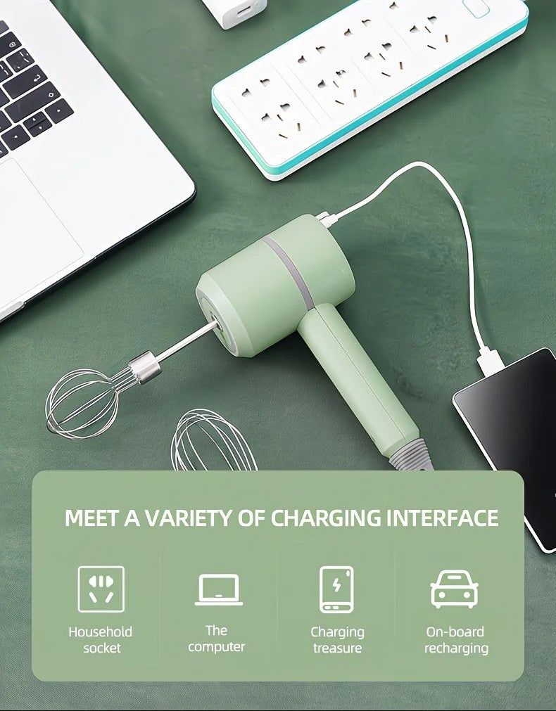 Green Wireless charging handheld mixer, 30W with three-speed settings. Dual whisk heads designed for whipping eggs, cream, and batter. Suitable for both kitchen and outdoor use, also an ideal gift.