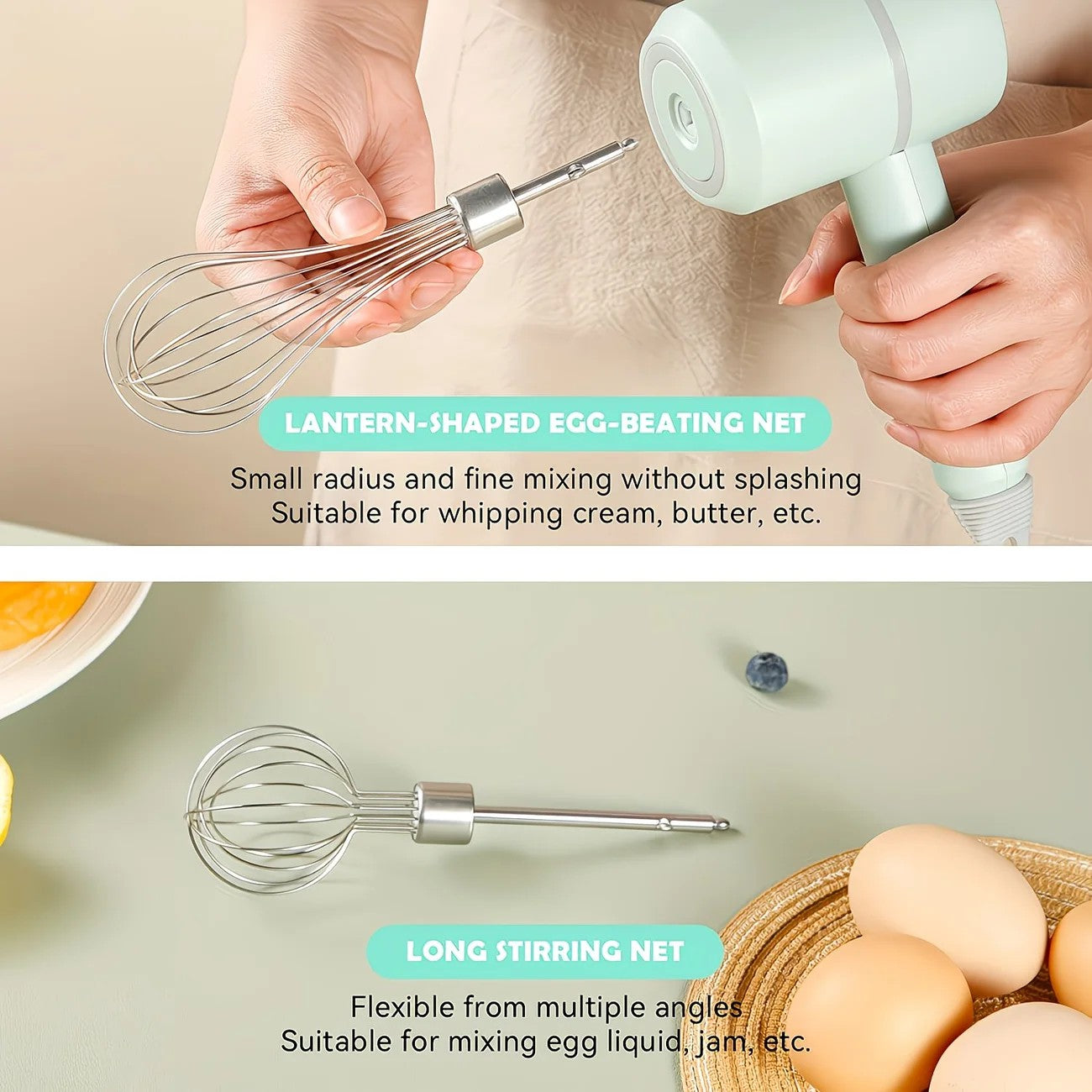 Green Wireless charging handheld mixer, 30W with three-speed settings. Dual whisk heads designed for whipping eggs, cream, and batter. Suitable for both kitchen and outdoor use, also an ideal gift.