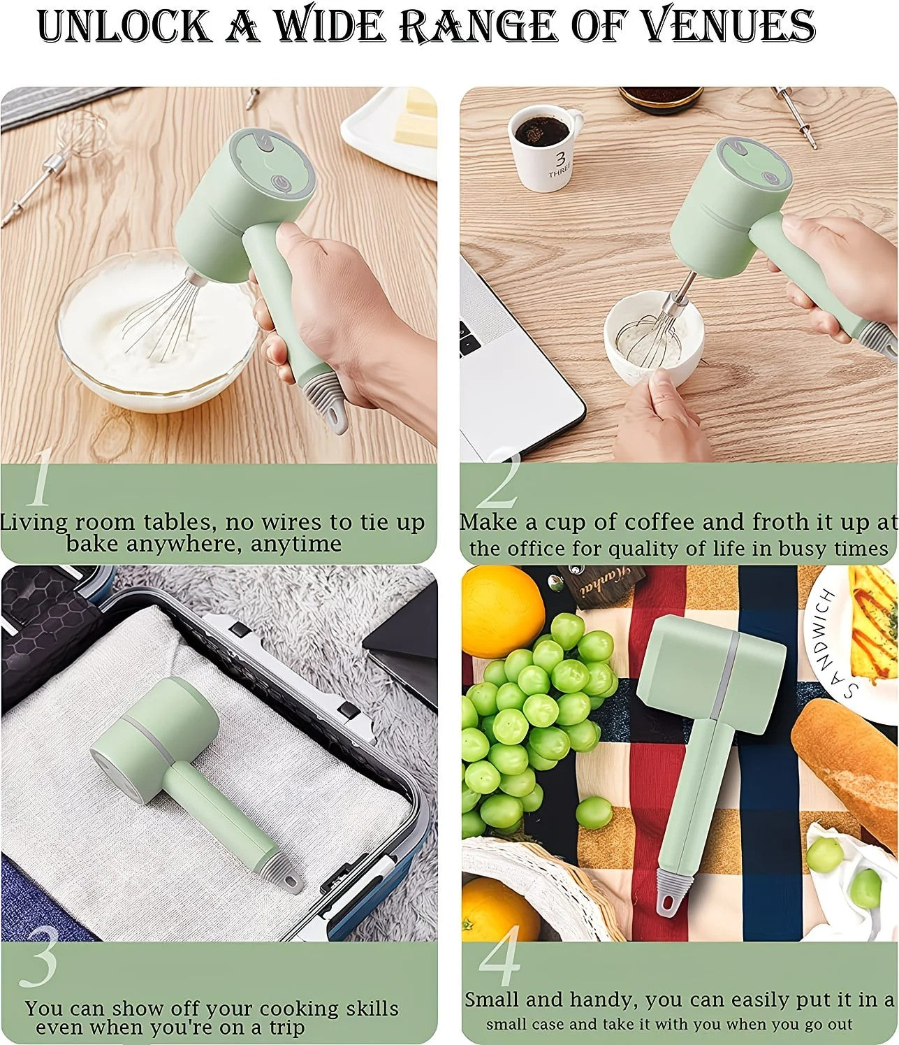 Green Wireless charging handheld mixer, 30W with three-speed settings. Dual whisk heads designed for whipping eggs, cream, and batter. Suitable for both kitchen and outdoor use, also an ideal gift.