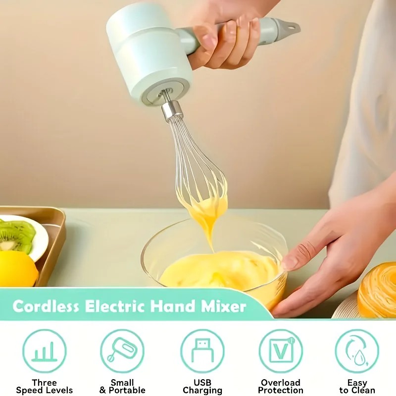 Green Wireless charging handheld mixer, 30W with three-speed settings. Dual whisk heads designed for whipping eggs, cream, and batter. Suitable for both kitchen and outdoor use, also an ideal gift.