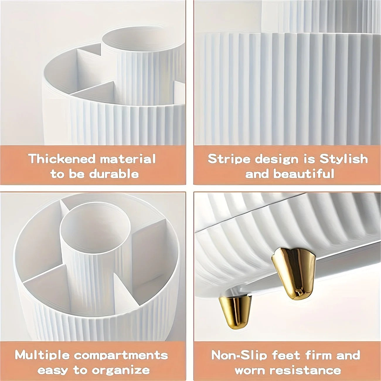 Pink 360-Degree Rotating Cosmetic Organizer – 1 Plastic Makeup Storage Box with 5 Compartments – Multi-Purpose Holder for Brushes, Lipsticks, Skincare Products, and Stationery – Durable Odor-Free Desktop Storage Container with Luxurious Stripe Design