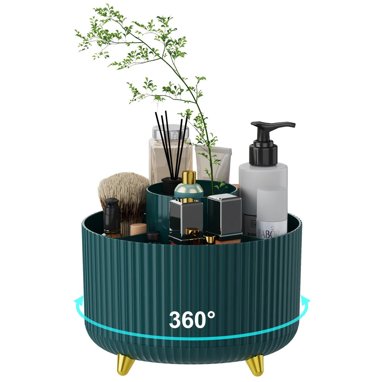 Green 360-Degree Rotating Cosmetic Organizer – 1 Plastic Makeup Storage Box with 5 Compartments – Multi-Purpose Holder for Brushes, Lipsticks, Skincare Products, and Stationery – Durable Odor-Free Desktop Storage Container with Luxurious Stripe Design