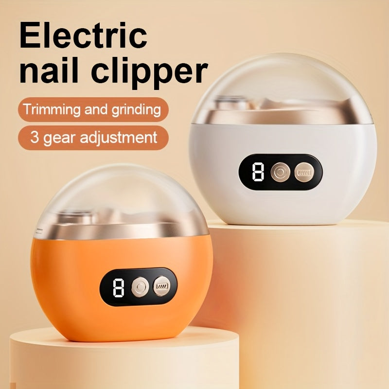 Smart Electric Nail Clipper 2-in-1 Polishing & Trimming Tool, USB rechargeable with 500mAh lithium polymer battery. Features anti-cut protection, grinding, and illumination functions, suitable for nail care, filing, polishing, and shaping.yellow