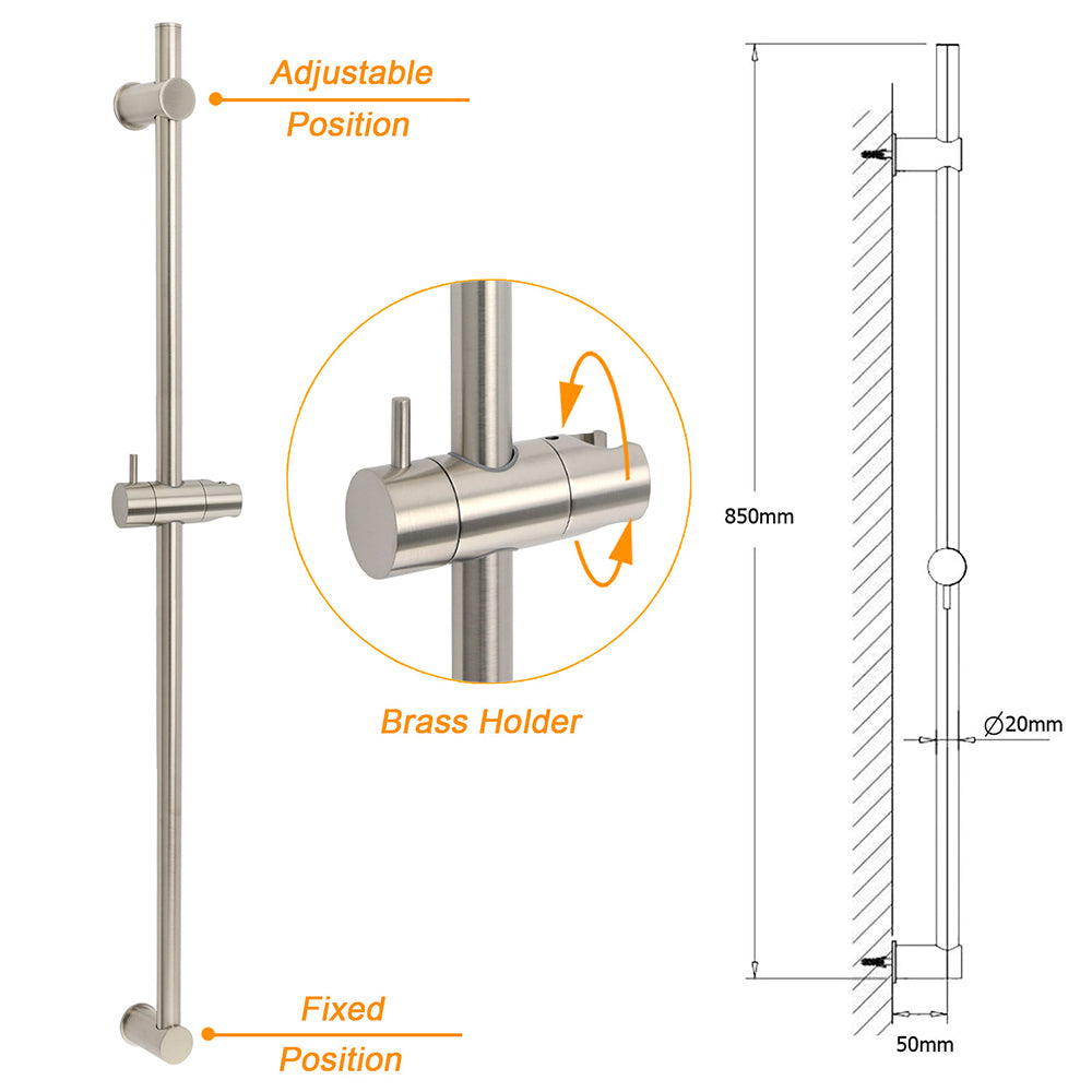 Solid Brass Brushed Nickel Long Sliding Rail Bar Swivel Handheld Shower Holder