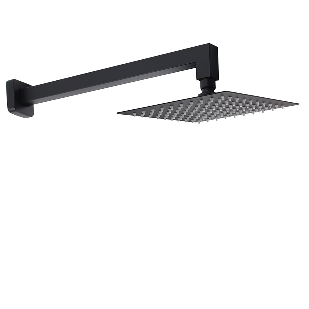 Matt Black Square 8" Rainfall Shower Head & 400mm Brass Straight Wall Mount Arm Set