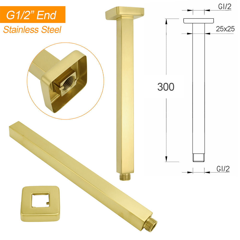 WELS Brushed Gold Square 8" Rain Shower Head 300mm Brass Ceiling Dropper Arm Set