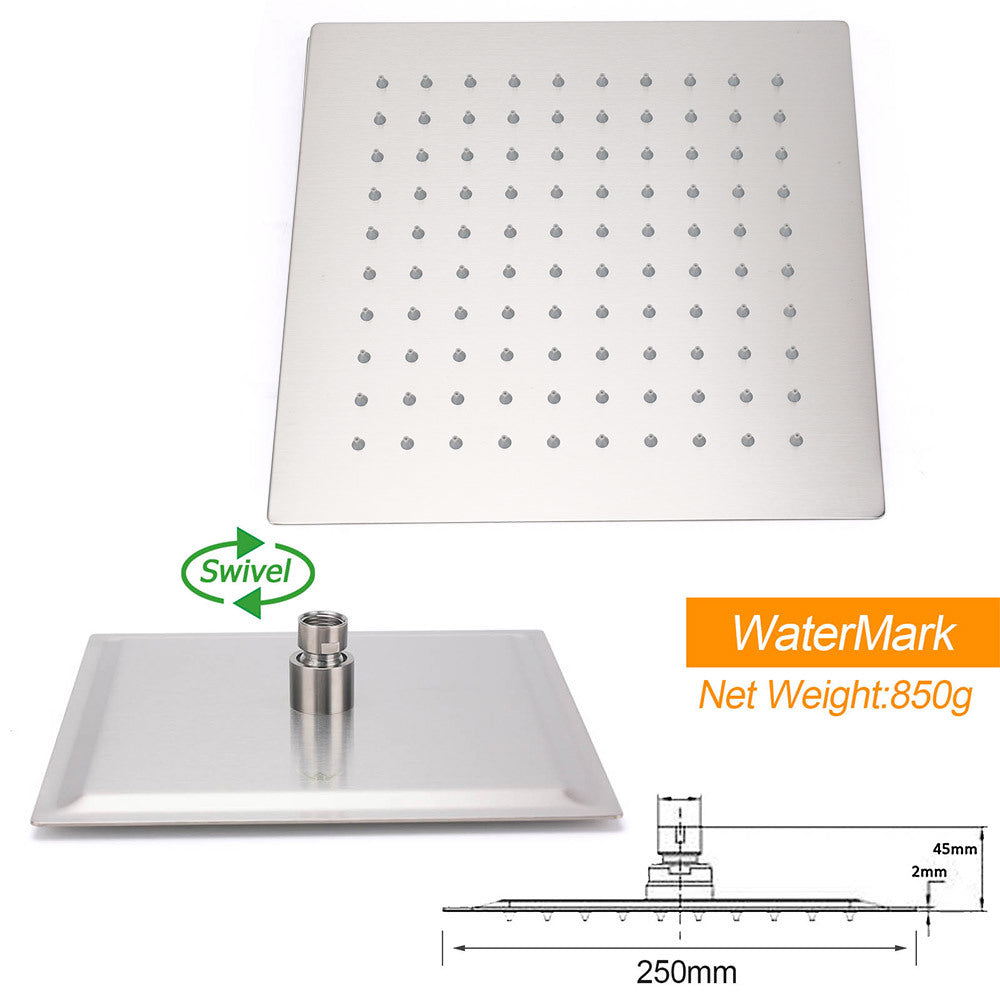 Brushed Nickel Square 10" Rain Shower Head 300mm Brass Ceiling Dropper Arm Set