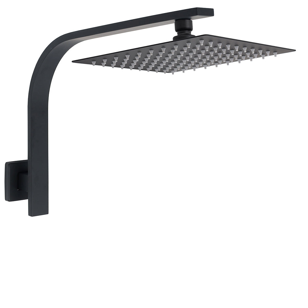 WELS Matt Black 10" Square Thin Rain Shower Head Brass Gooseneck Wall Arm Set