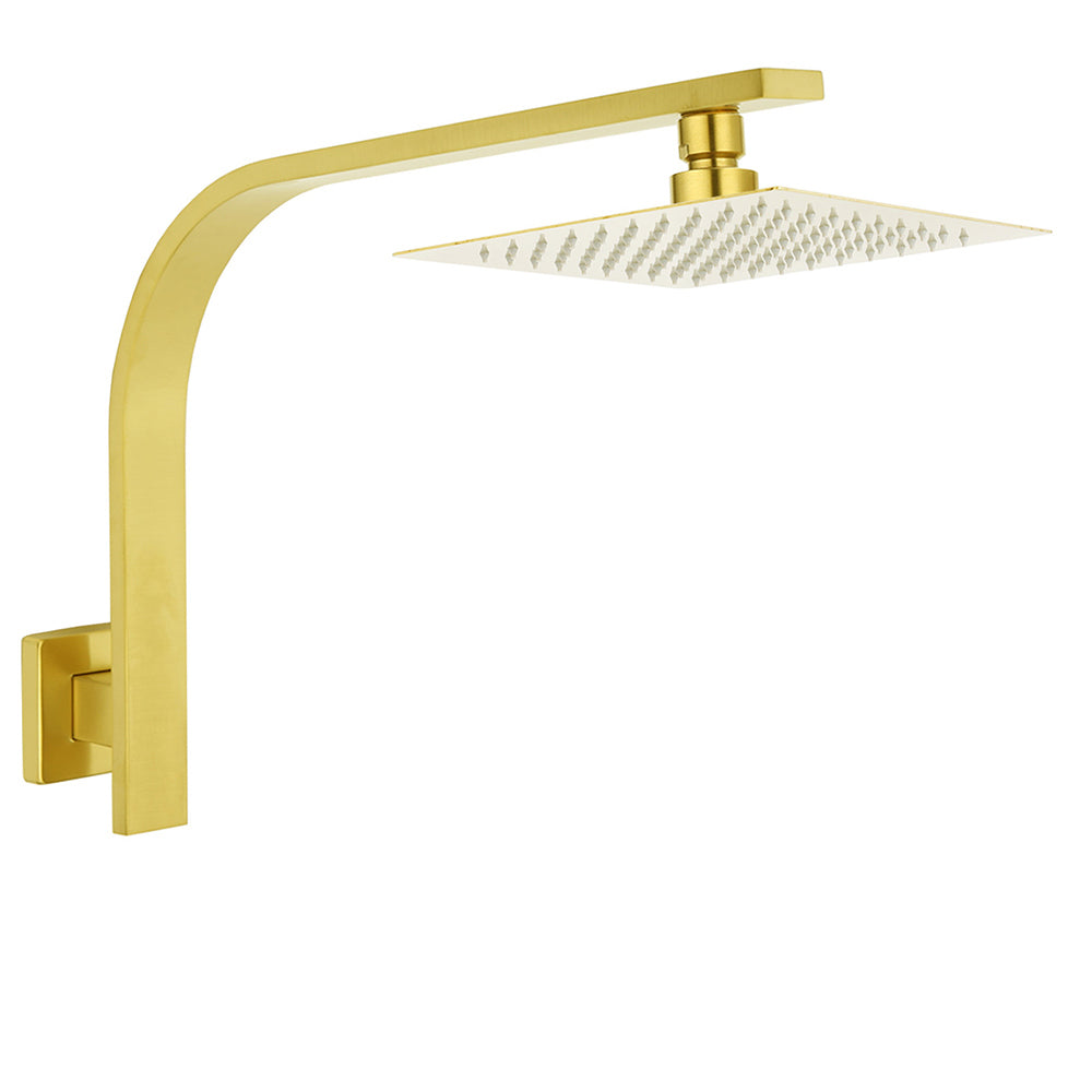 WELS Brushed Gold Square 8" Slim Rain Shower Head Brass Wall Gooseneck Arm Set