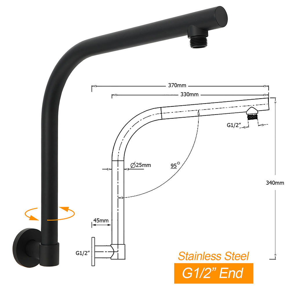 WELS Matt Black 10" SUS Round Rain Shower Head & Gooseneck Swivel Wall Arm Set