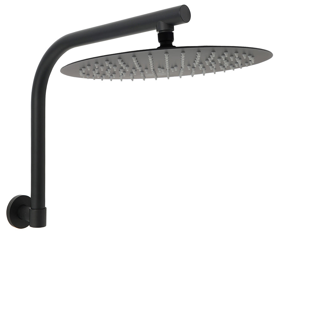 WELS Matt Black 12" Large Round Rain Shower Head & Gooseneck Swivel Wall Arm Set