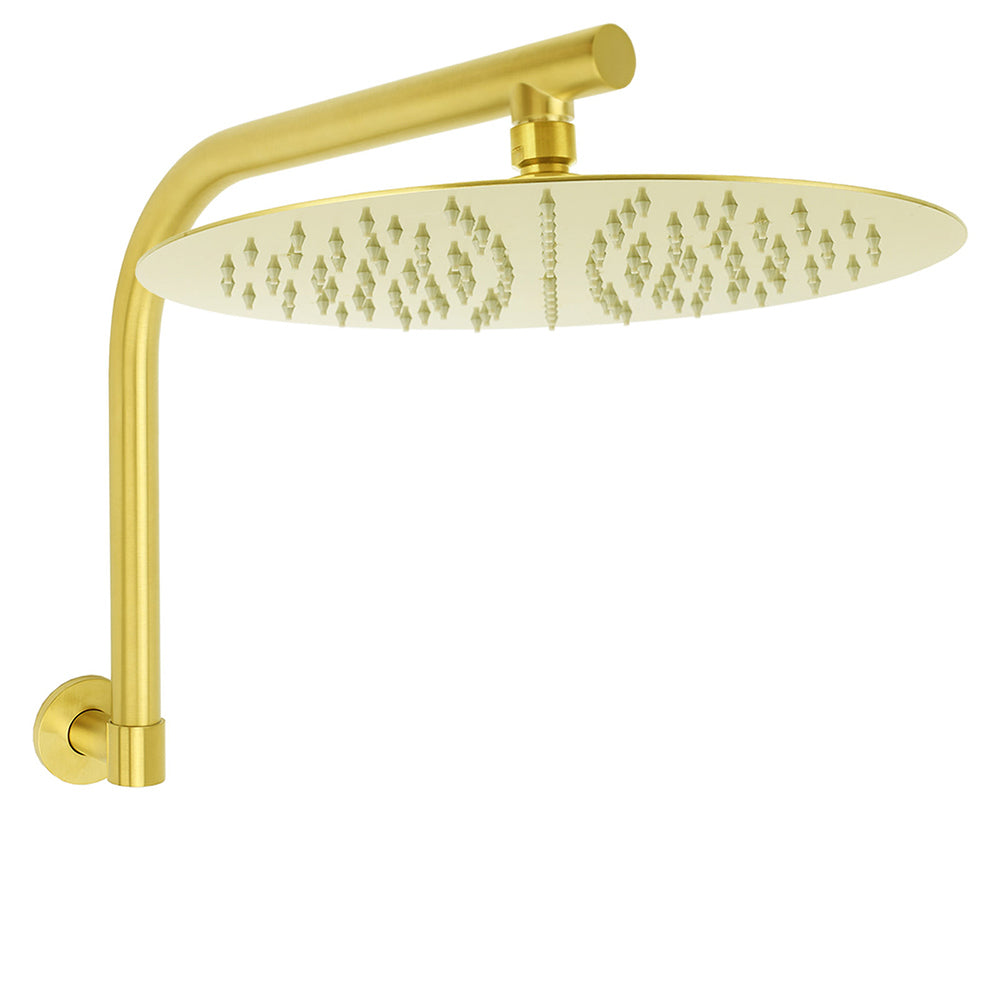 Brushed Gold Round 12 Inch Rain Shower Head Swivel Brass Gooseneck Wall Arm Set