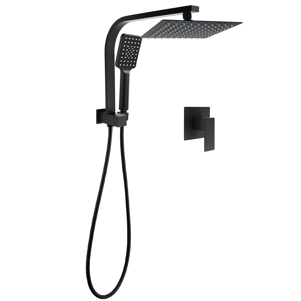 WELS Matt Black 8" Shower Head 3 Modes Handheld Gooseneck Arm Square 2in1 Set Mixer