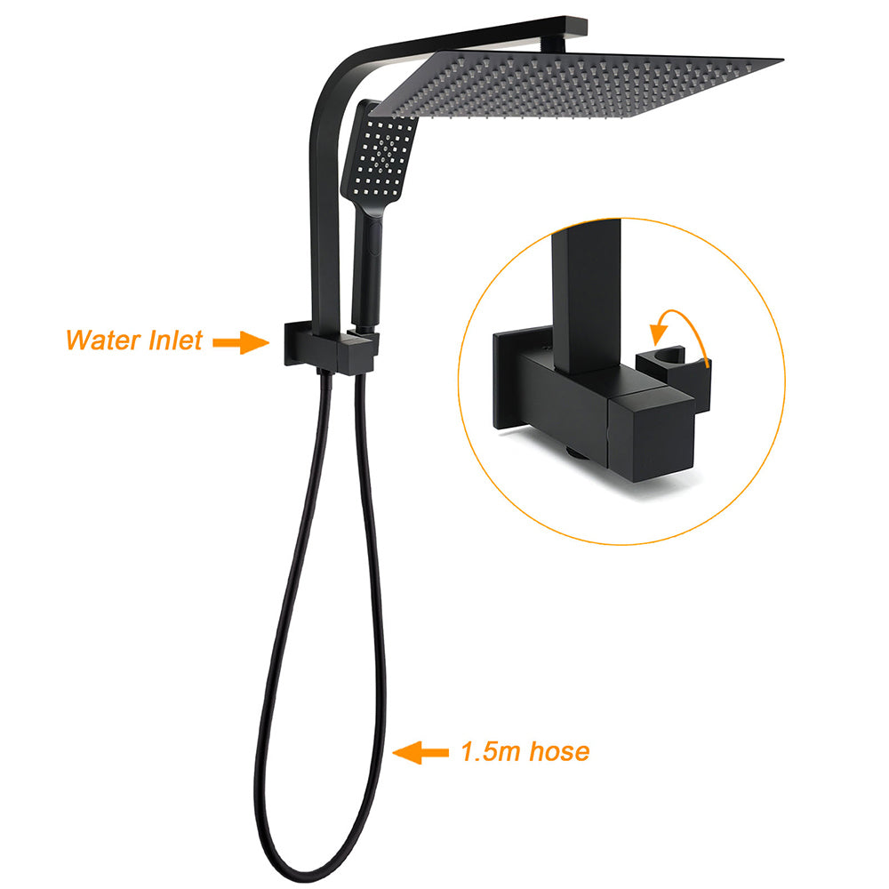 WELS Matt Black Twin Set 12" Large Shower Head 3 Modes Handheld Gooseneck Arm Diverter