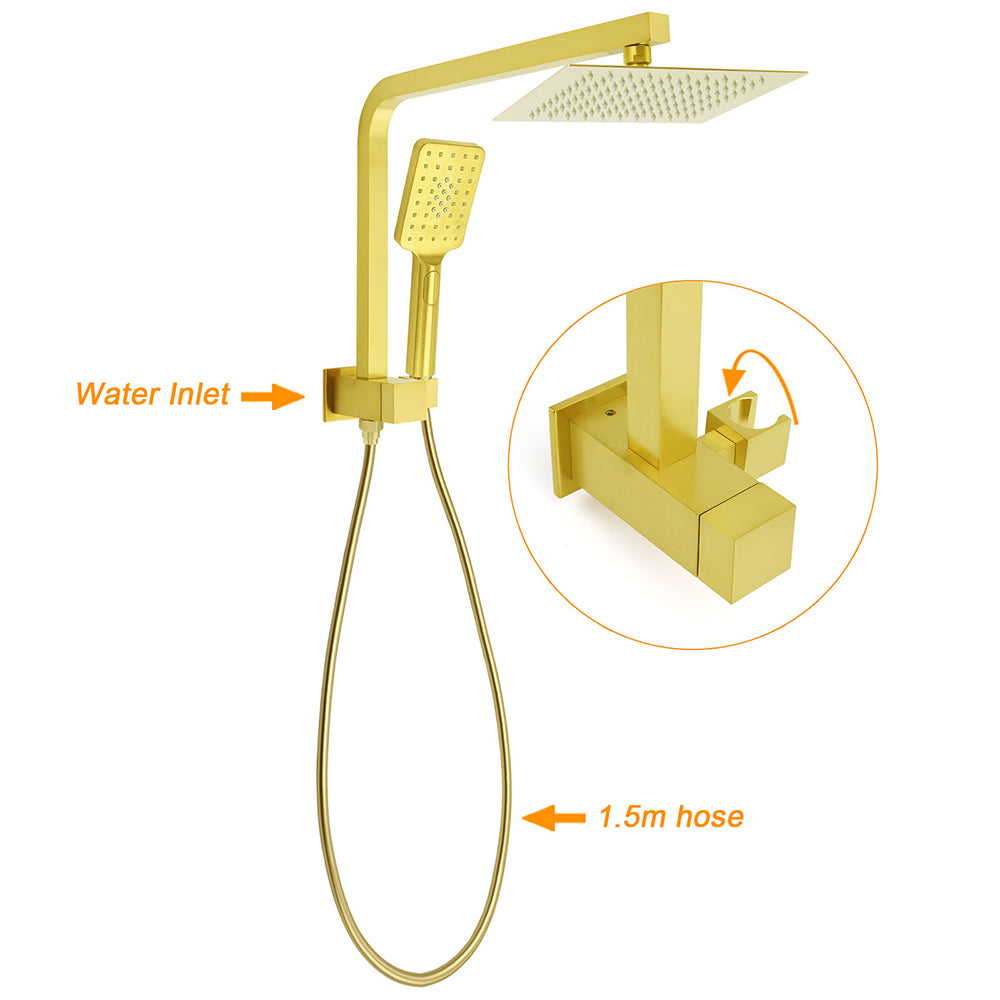 WELS Brushed Gold Twin Shower 8" Rain Head Handheld Diverter Wall Arm Square Mixer