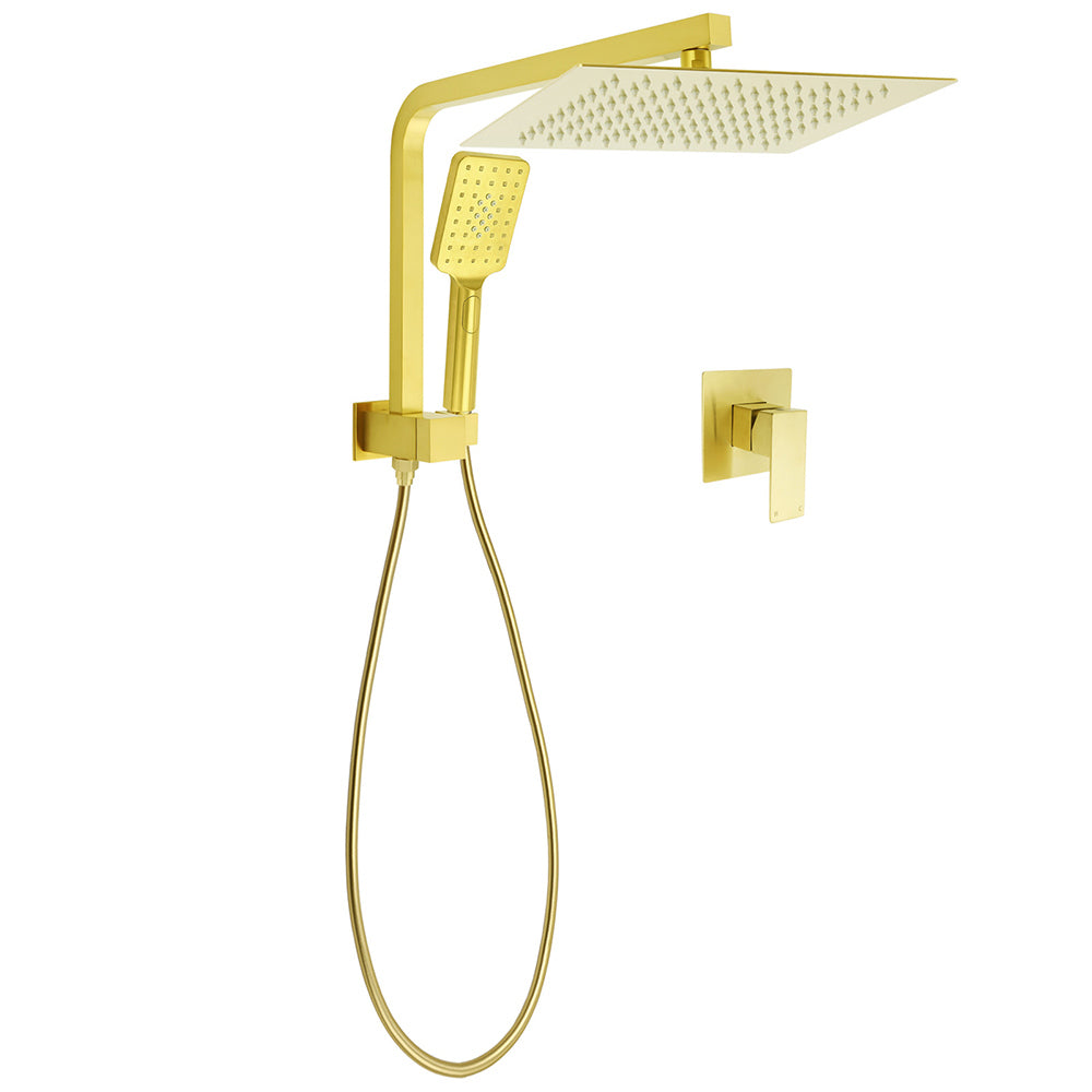 Brushed Gold Twin Shower 12" Rain Head Handheld Diverter Gooseneck Arm Set Square Wall Mixer