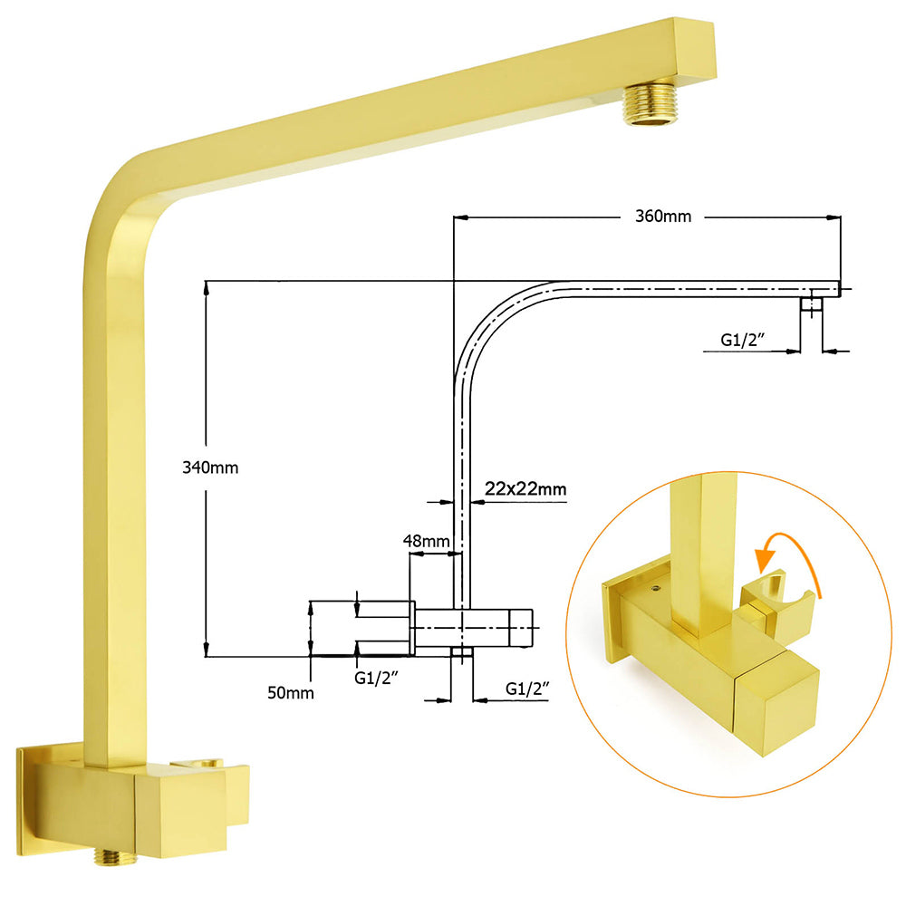 Brushed Gold Twin Shower 12" Rain Head Handheld Diverter Gooseneck Arm Set Square Wall Mixer