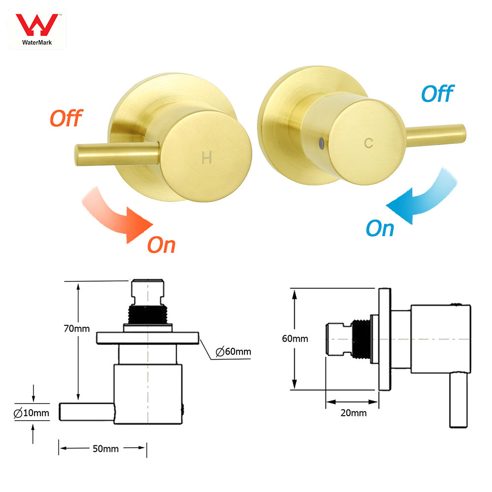 WELS Brushed Gold Round Twin 8" Shower Head Set Diverter Wall Arm Metal Handheld + Taps