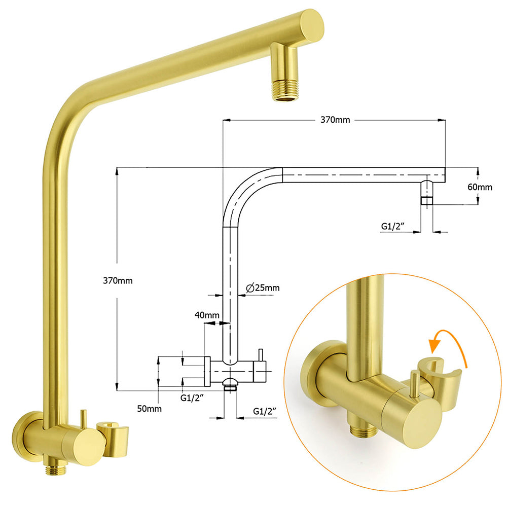 Brushed Gold Round Large 12" Rain Shower Head 3 Mode Handheld Gooseneck Arm Twin Taps Set