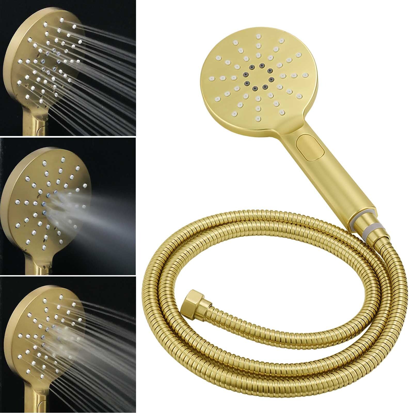 Brushed Gold Round Large 12" Rain Shower Head 3 Mode Handheld Gooseneck Arm Twin Taps Set