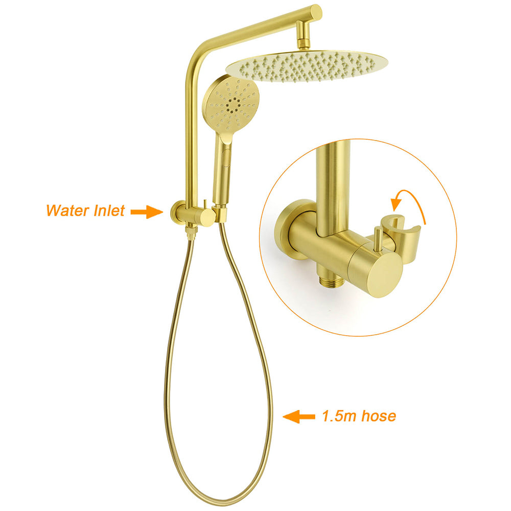 Brushed Gold 2in1 Round 12" Rain Shower Head 3 Mode Handheld Diverter Wall Arm Mixer Set