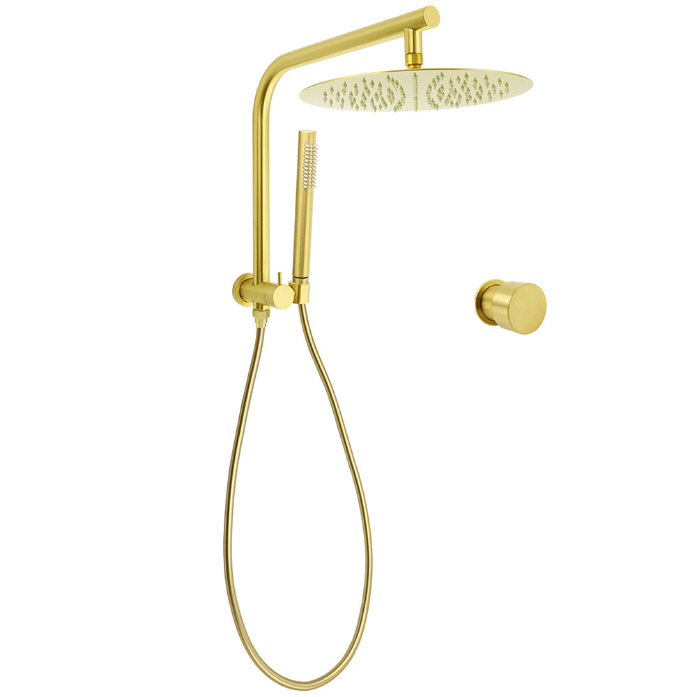 Brushed Gold 2in1 Round 12" Rain Shower Head Single Mode Handheld Diverter Wall Arm Mixer Set